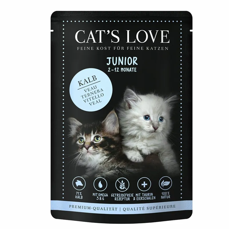 Sparpaket 12 x 85 g Cat's Love Junior Kalb pur mit Eierschalen & Lachsöl Katzen Nassfutter Top-Seller